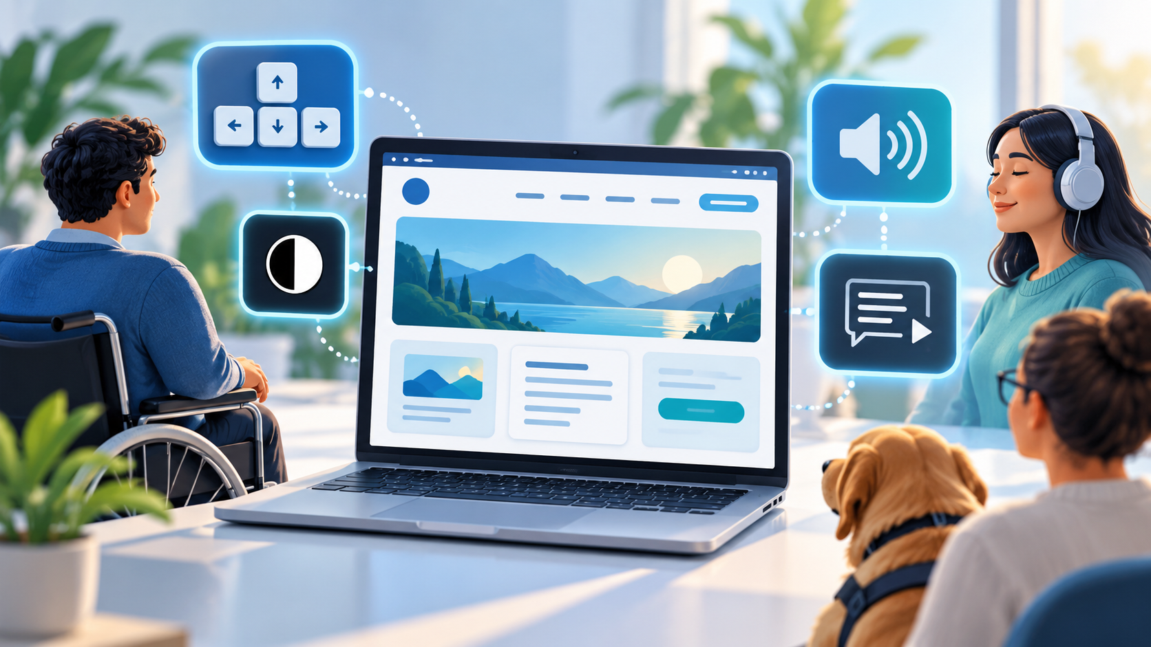 Farklı ihtiyaçları olan kullanıcılar; klavye, kontrast, ses ve altyazı gibi erişilebilirlik özellikleriyle bir web sitesini birlikte kullanıyor