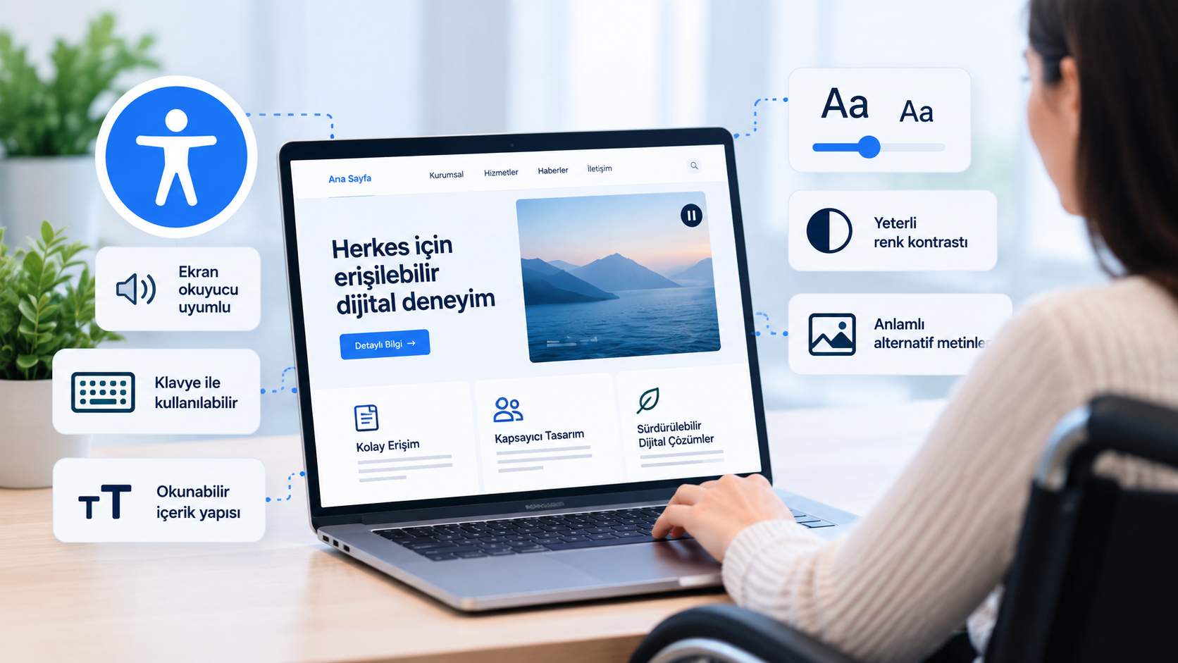 Tekerlekli sandalye kullanan bir kişi, ekran okuyucu, klavye kullanımı, yazı boyutu ve kontrast gibi erişilebilirlik özellikleri sunan bir web sitesini dizüstü bilgisayarda kullanıyor