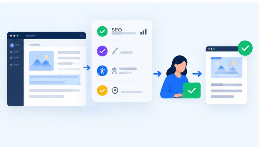 SEO, stil, erişilebilirlik ve güvenlik kontrollerinden geçen içeriğin editör onayıyla yayınlanması