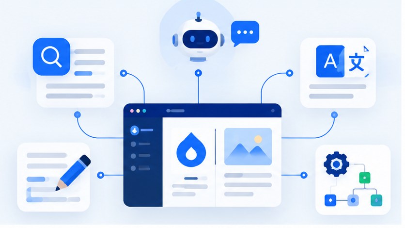 Drupal yönetim paneline bağlı AI arama, çeviri, içerik düzenleme ve otomasyon araçları