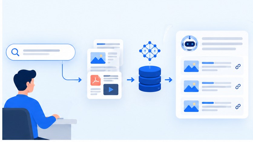 Kullanıcı sorgusundan içerik parçalarına, vector database'e ve kaynaklı yanıtlara uzanan AI Search ve RAG akışı