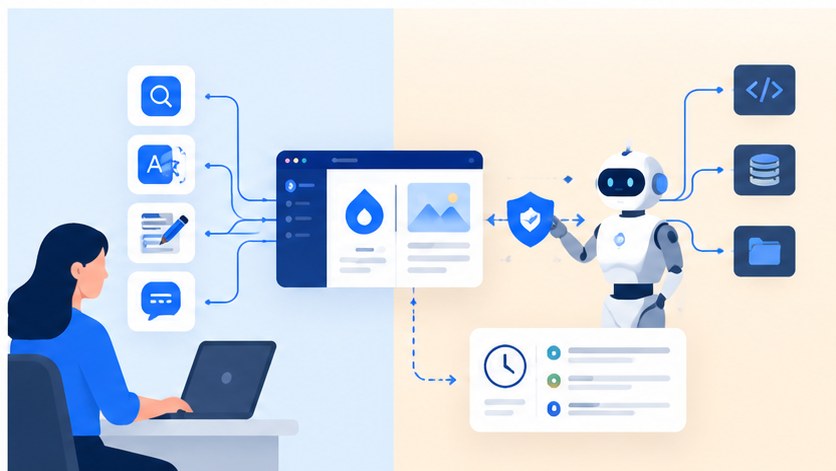 Drupal içindeki AI araçları ile Drupal'a güvenli şekilde bağlanan harici AI agent'ını gösteren Inside AI ve Outside AI mimarisi