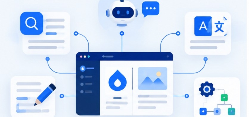 Drupal yönetim paneline bağlı AI arama, çeviri, içerik düzenleme ve otomasyon araçları